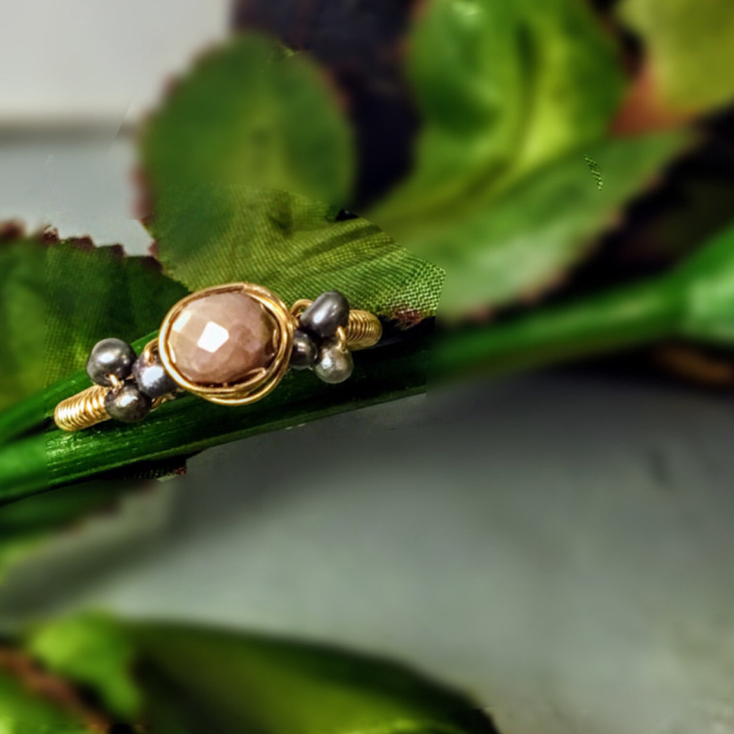 Chocolate Moonstone Ring With Purple Freshwater Pearls