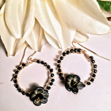 Fimo Pansy and Black Crystal Hoops