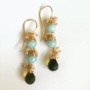 Amazonite and Peridot Earrings with Pearl Accents