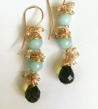 Amazonite and Peridot Earrings with Pearl Accents