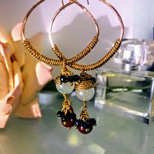 Gold Hoops with Jade and Carnelian