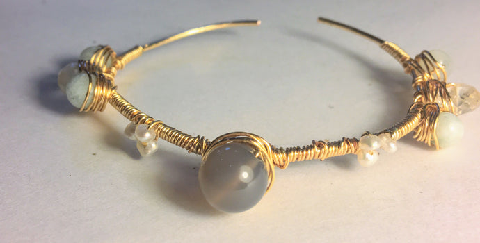 Grey Agate Stackable Cuff Bracelet with Aquamarine