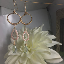 Angel Skin Coral and Green Amethyst Gold Earrings