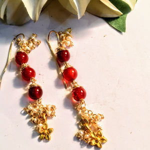 Red Agate Earring with Gold Flower