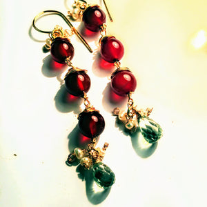 Red Agate and Green Amethyst Earrings with Pearl Accents