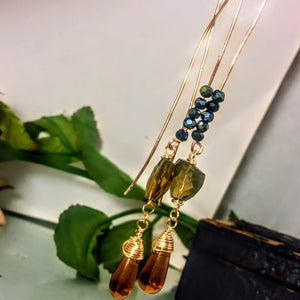 Long Smoky Quartz and Amber Earrings