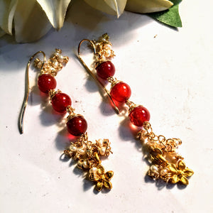 Red Agate Earring with Gold Flower
