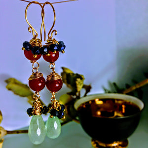 Red Agate Blue Chalcedony and Jet Earrings