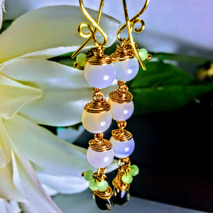 White Banded Agate Czech Glass and Quartz Crystal Dangle Earrings