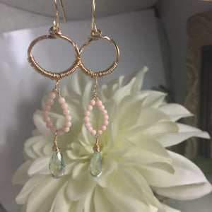 Angel Skin Coral and Green Amethyst Gold Earrings