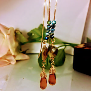 Long Smoky Quartz and Amber Earrings