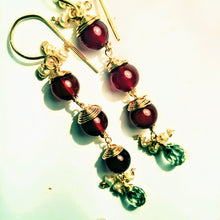 Red Agate and Green Amethyst Earrings with Pearl Accents