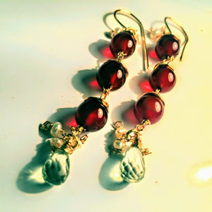 Red Agate and Green Amethyst Earrings with Pearl Accents