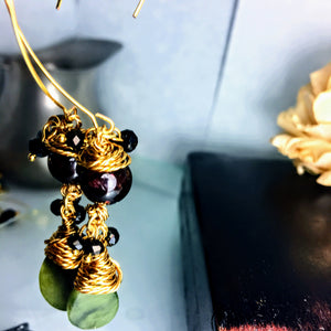 Green Agate and Garnet, Gold Wire Wrapped Earrings