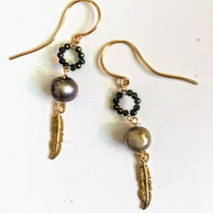 Lavender Pearl, Gold Feather, and Pyrite Earrings