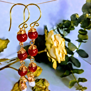 Red Agate, Freshwater Pearl and Czech Glass Boho Earrings