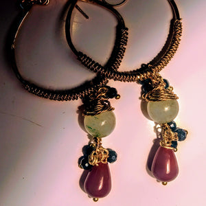Gold Hoops with Jade and Carnelian