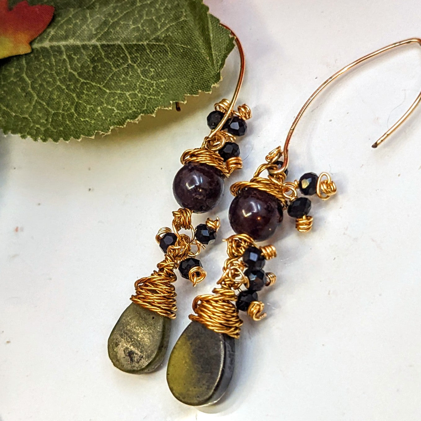 Green Agate and Garnet, Gold Wire Wrapped Earrings