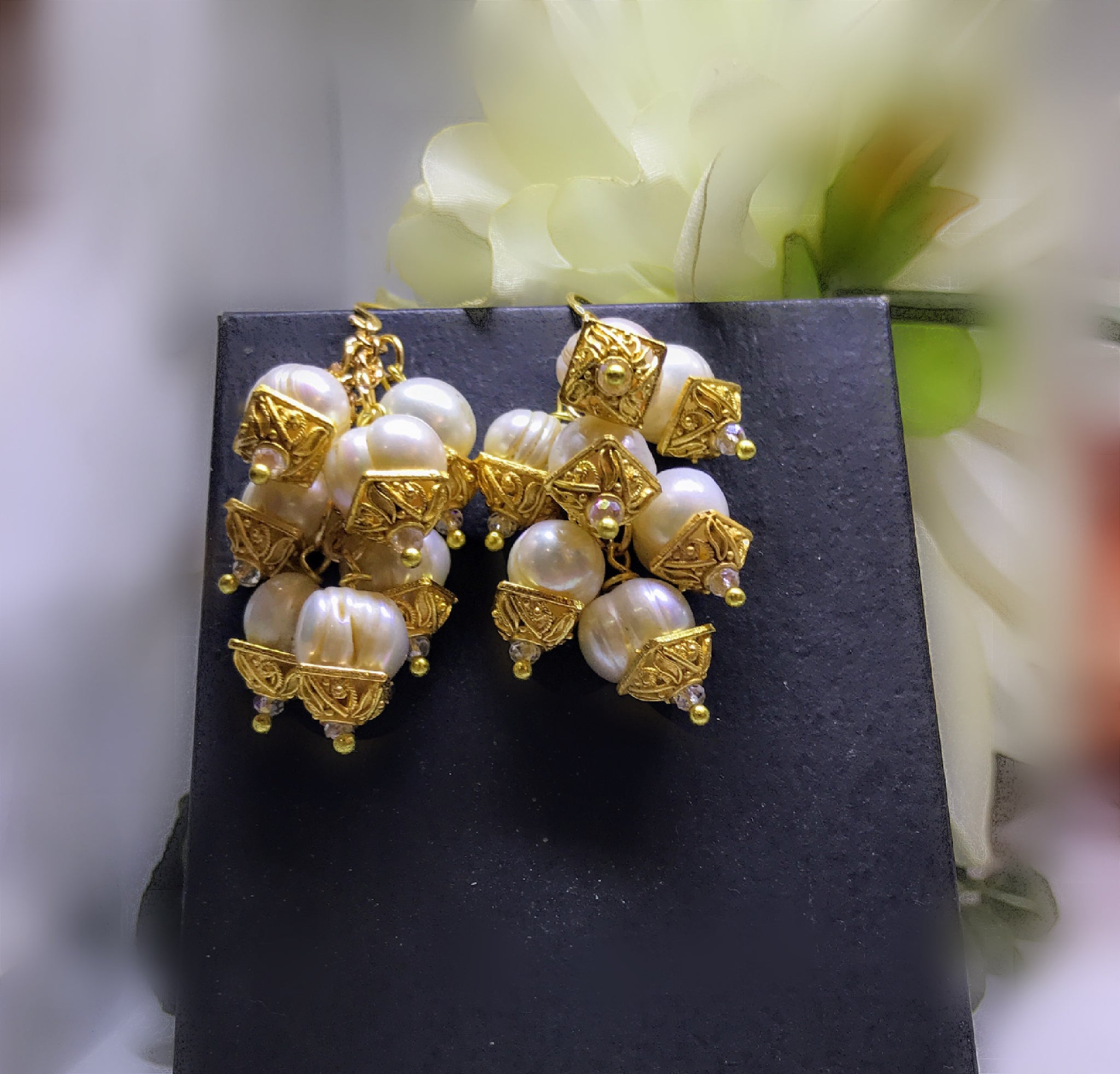 Gold Toned Handcrafted Peach Pearl Earring Set with Maangtikka |  FashionCrab.com