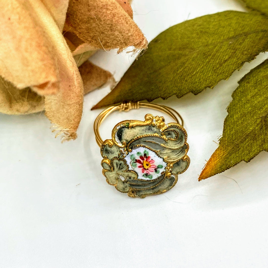 Enamel Rose Victorian Button Ring